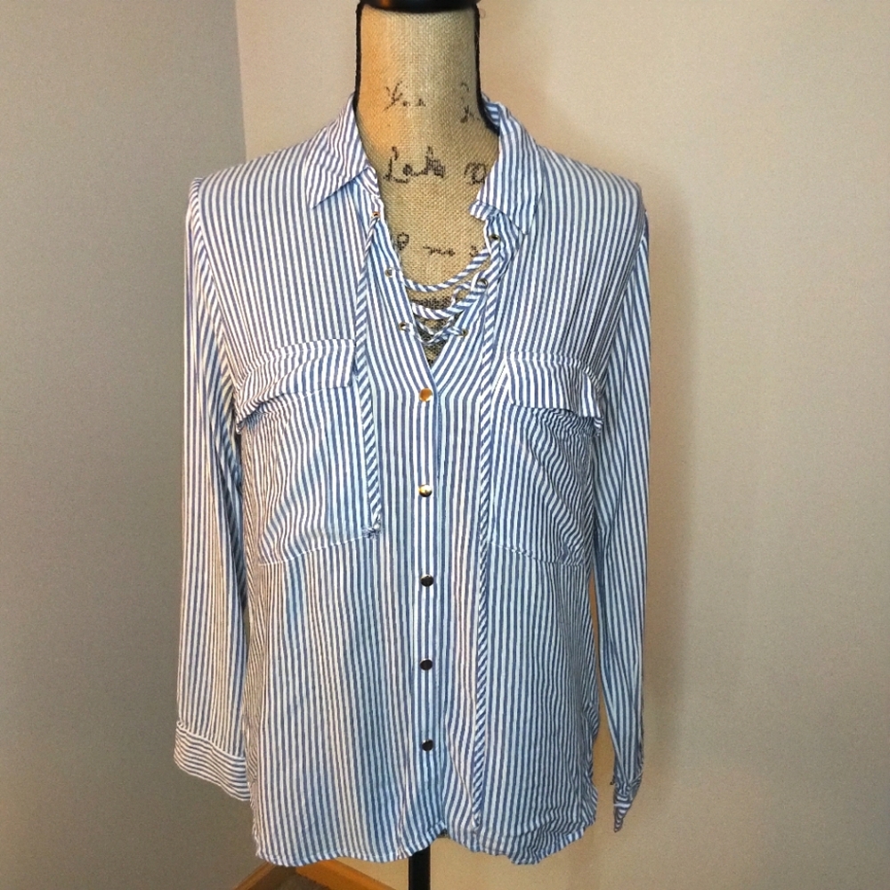 5/$25 Small Zara Basic Blue and White Striped Blouse With Lace Up Collar